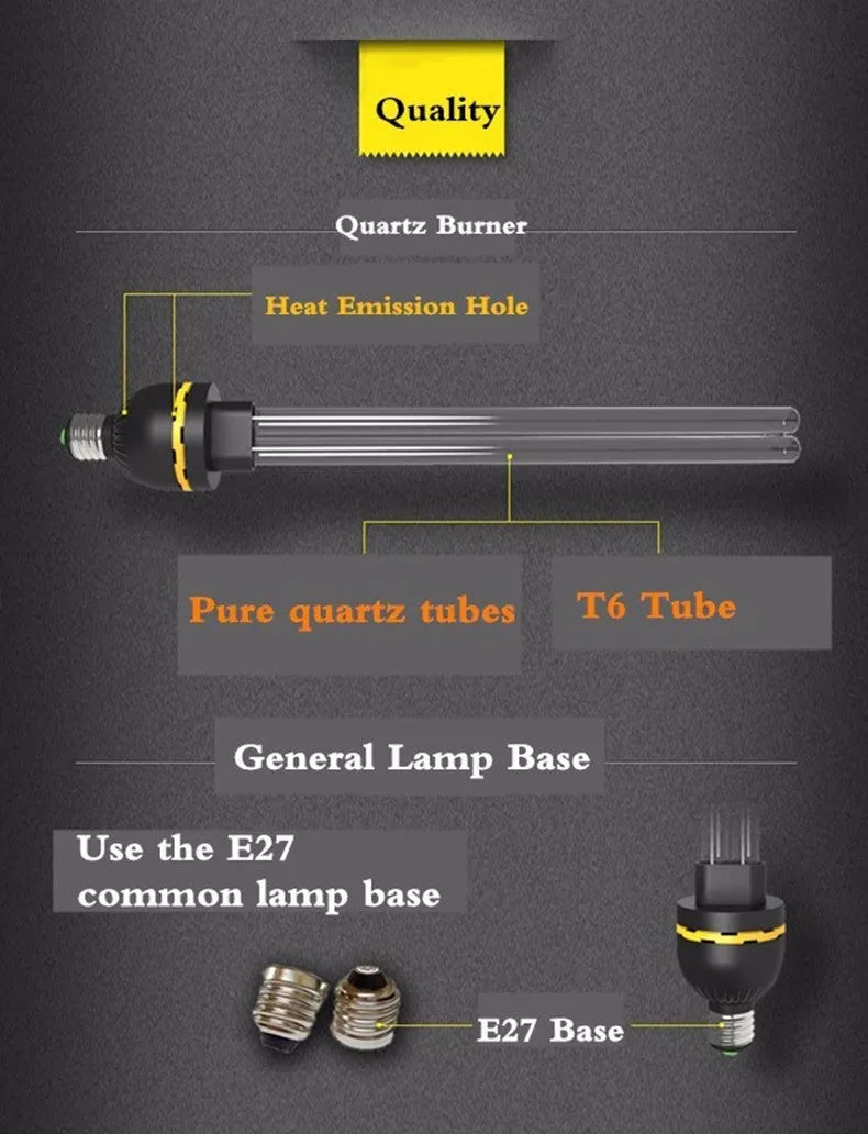 Household UV disinfection lamp with E27 base and ozone option for room sterilisation
