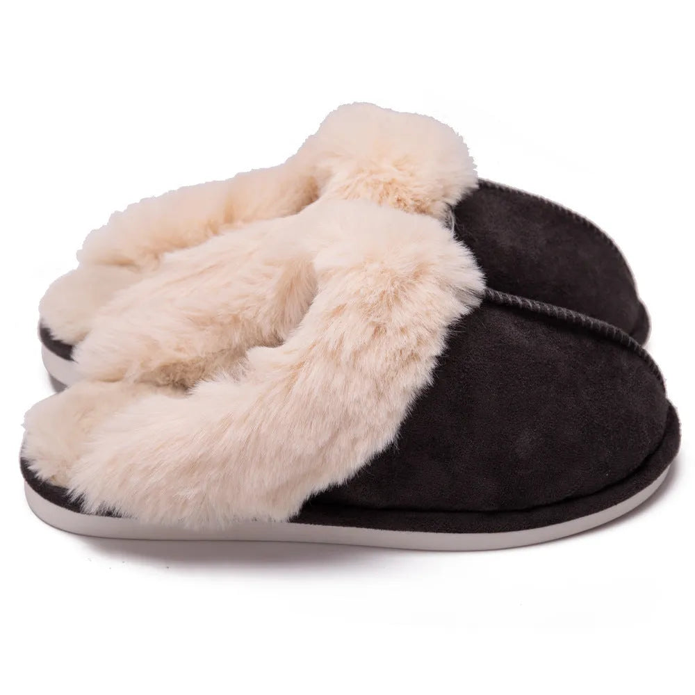 Grey fur furry slippers with plush velvet upper and TPR sole on indoor floor