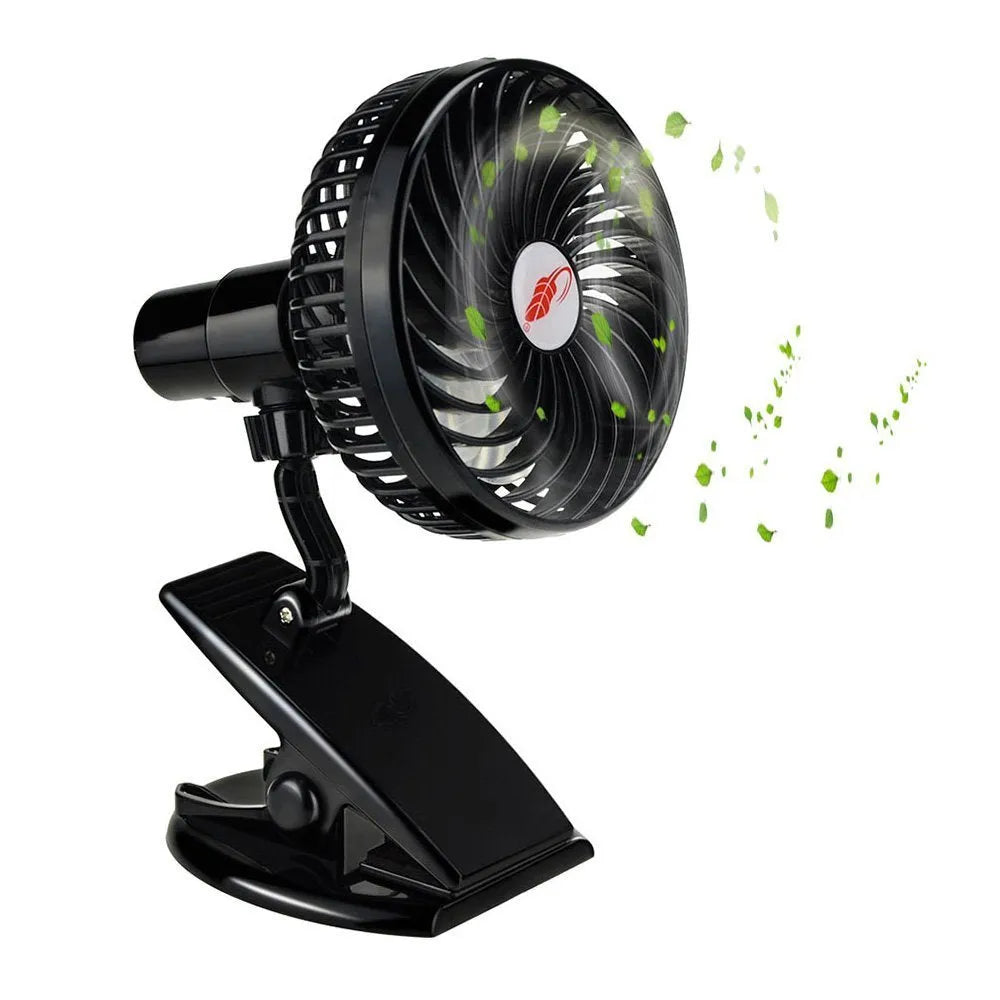 Mini clip fan with 360-degree adjustable head, 3 speeds, and rechargeable battery, shown in black.