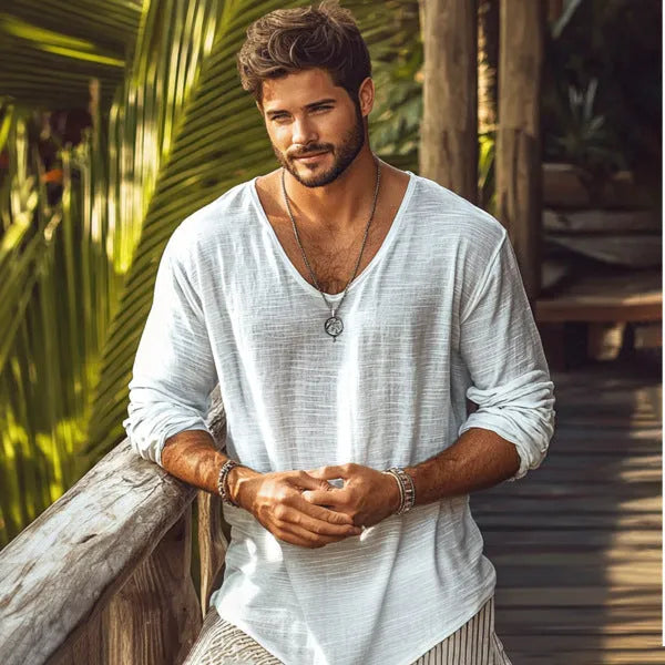 Beige long-sleeved V-neck slim fit t-shirt on a hanger.
