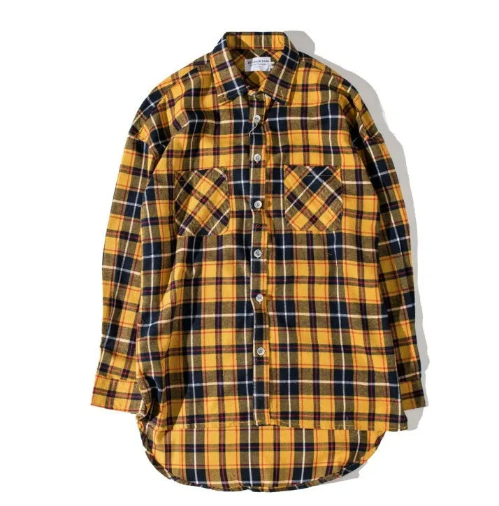 Men's grid pattern T-shirt in yellow and black with short sleeves and crew neck, front view