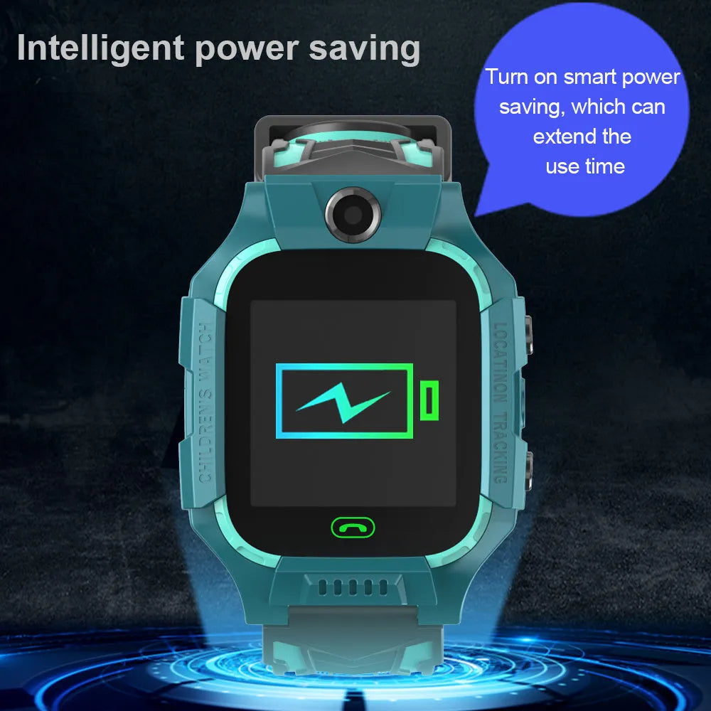 Children's smart watch with dual cameras, SOS button, and touch screen on a child's wrist