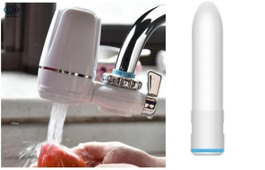 White plastic faucet water filter with ceramic cartridge and universal tap adapter kit.