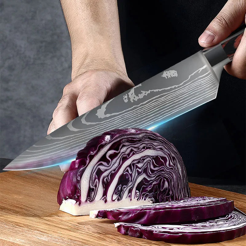 7CR17 stainless steel chef knife with laser Damascus pattern and colour steel handle