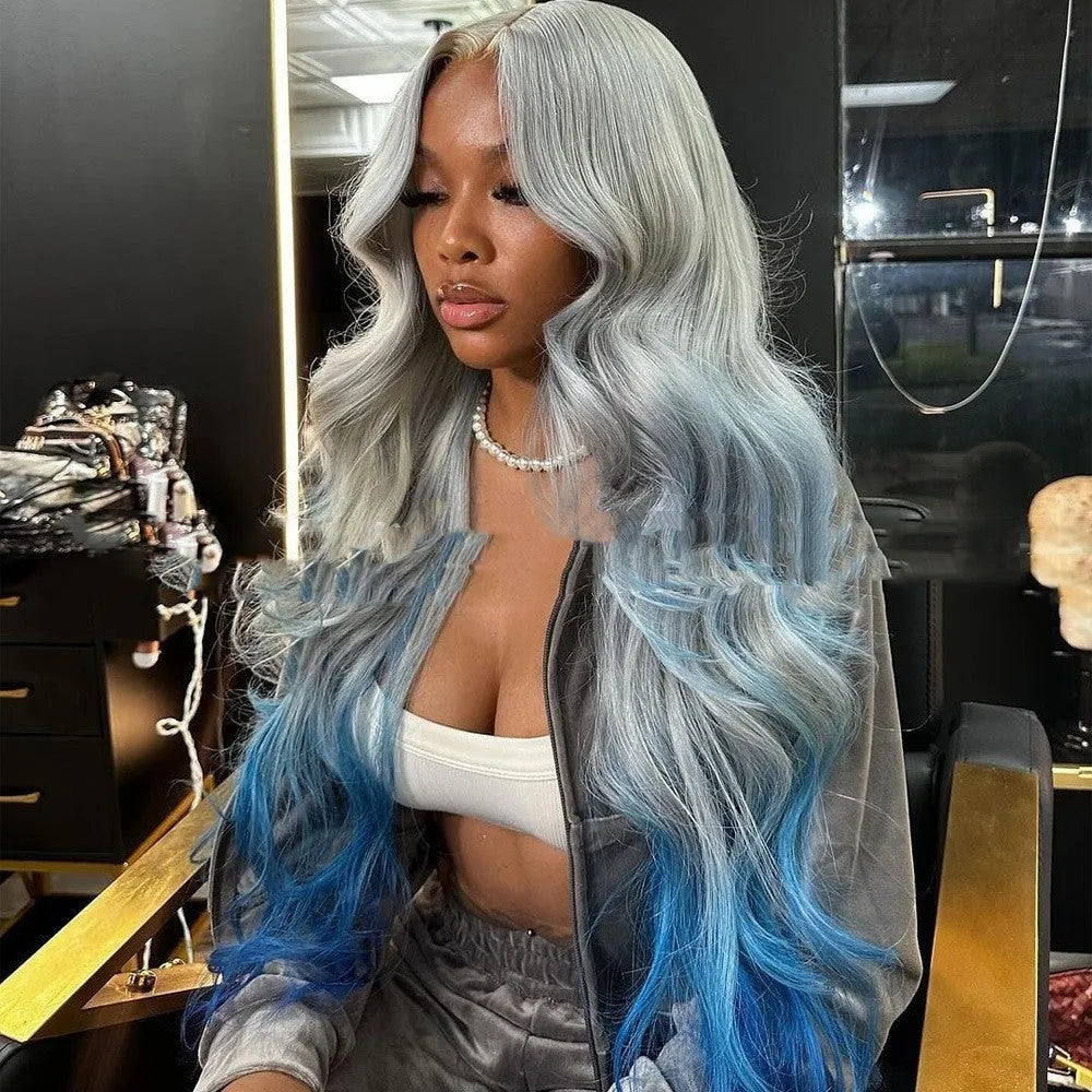Grey blue gradient colour human hair lace front wig with natural-looking 4x4 lace frontal