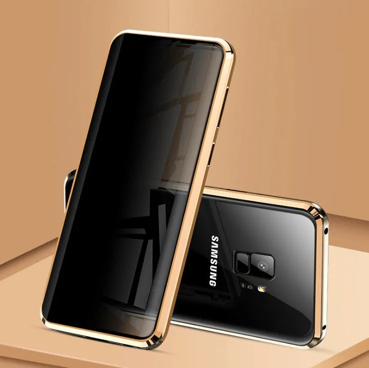 Magnetic anti-peeping phone case for Samsung Galaxy in clamshell design with double-sided glass construction