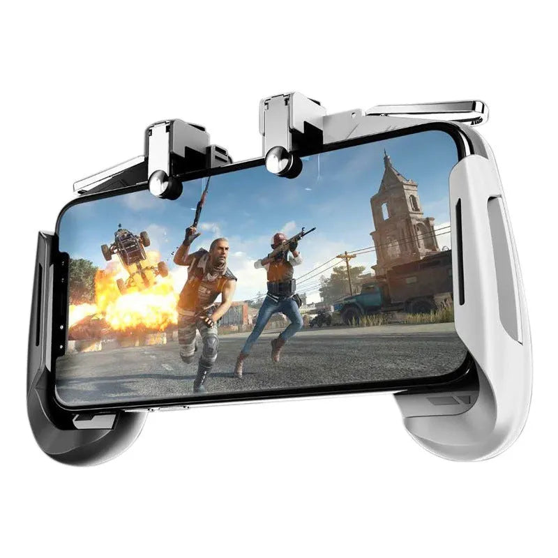 Black Bluetooth mobile game handle with telescopic arms extended, holding a smartphone