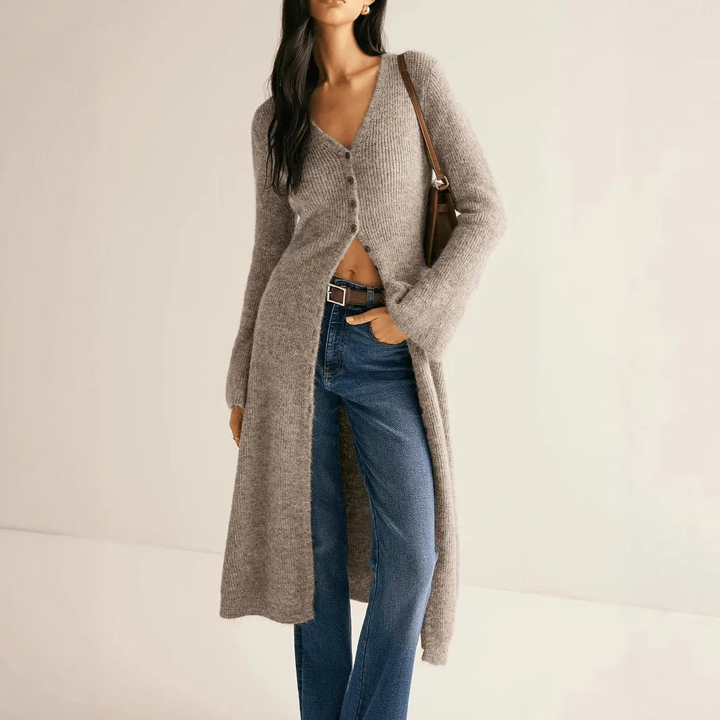 Khaki long sleeve cardigan coat with button front on a model