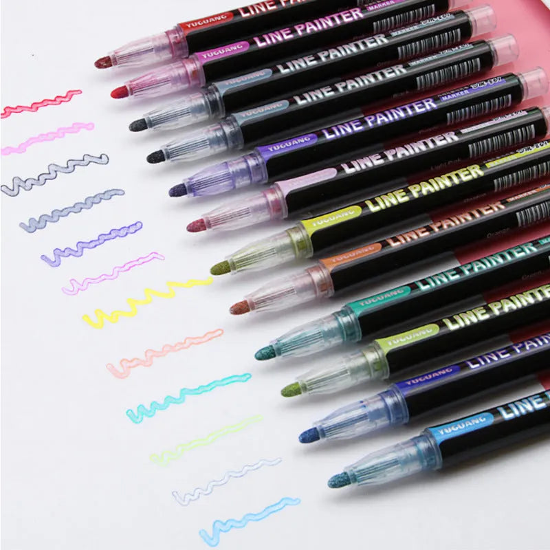 Double line outline pen metal body twelve colour set with 1-2mm wire width