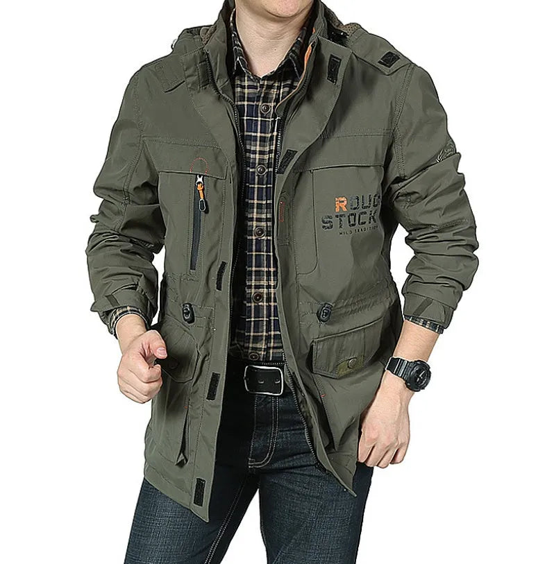 Men's spring thin jacket with hood and stand collar in black, waterproof nylon shell, available in sizes M to 4XL