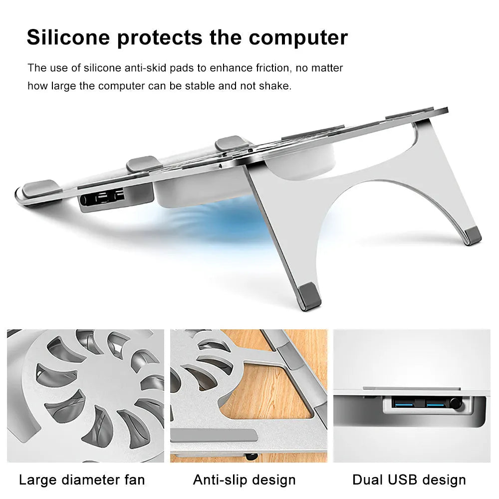 M9 silver aluminium alloy folding laptop cooling bracket on desk