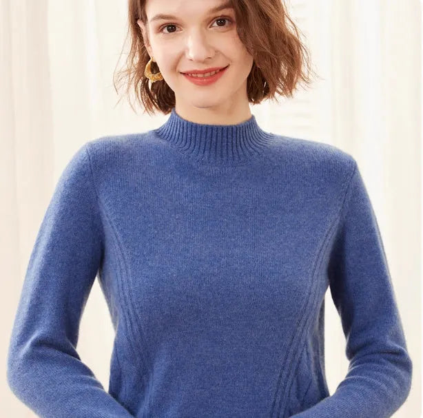 Women's pure cashmere turtleneck sweater in warm beige, high-neck design, soft knit texture