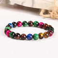 Colourful Tiger Eye bracelet showing mixed 6mm 8mm 10mm 12mm bead sizes on string