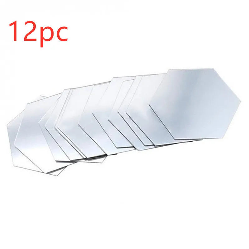 Hexagonal silver PS mirror wall sticker on a wall surface close up