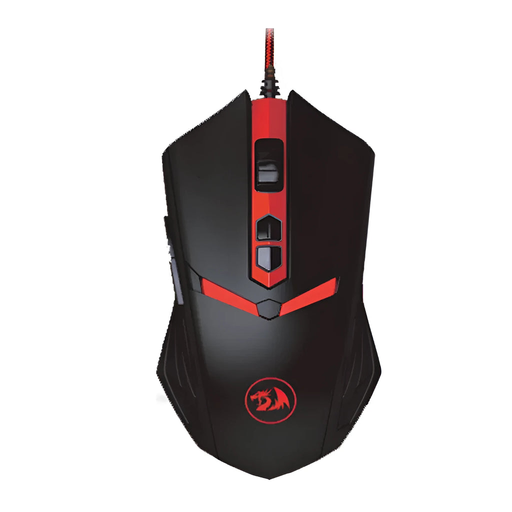 Black and red wired USB gaming mouse with six buttons and ergonomic shape on a desktop.