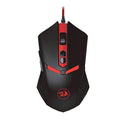 Black and red wired USB gaming mouse with six buttons and ergonomic shape on a desktop.