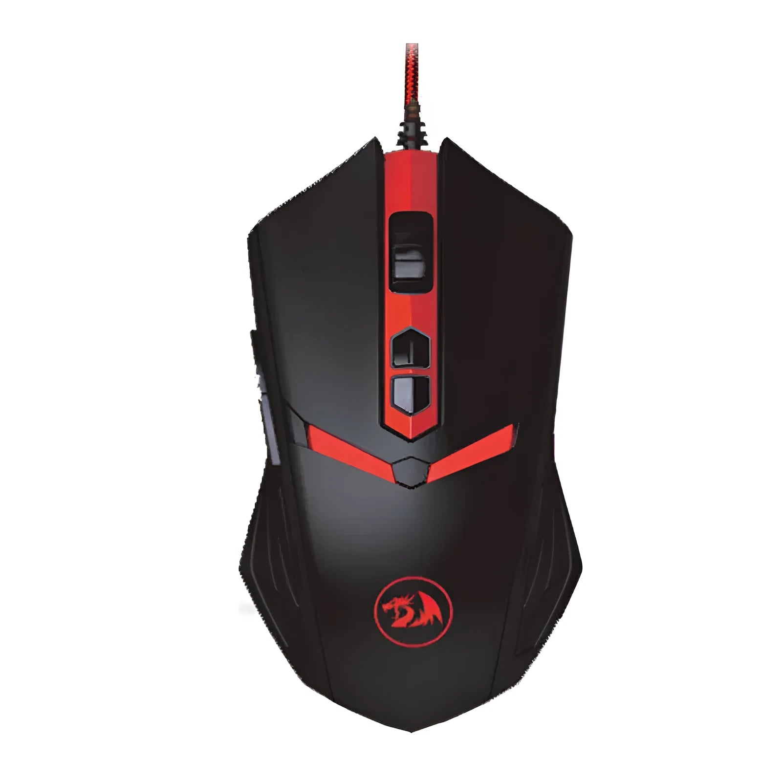 Black and red wired USB gaming mouse with six buttons and ergonomic shape on a desktop.