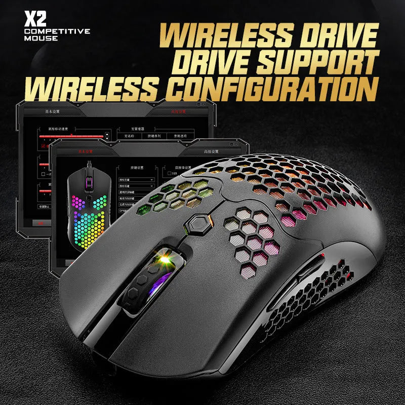 Free Wolf X2 wireless gaming mouse in black on a mouse mat, showing RGB lighting and side thumb buttons.