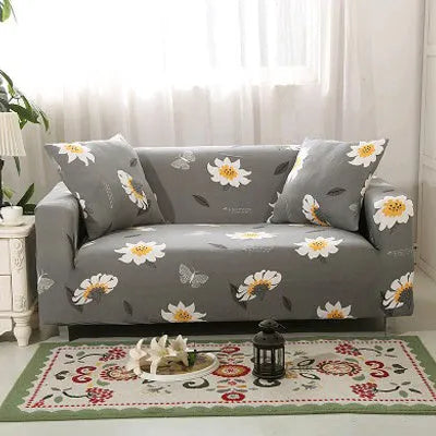 Printed geometric stretch sofa slipcover on double seat sofa in modern simplicity style