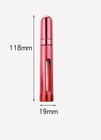 Refillable aluminium travel perfume atomiser with glass liner in blue, gold, pink, red, silver, or violet.