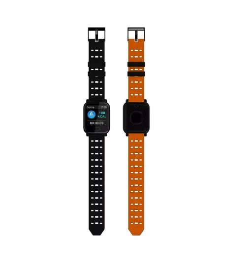 A6 smart fitness tracker with colour screen and blue silicone strap on a wrist