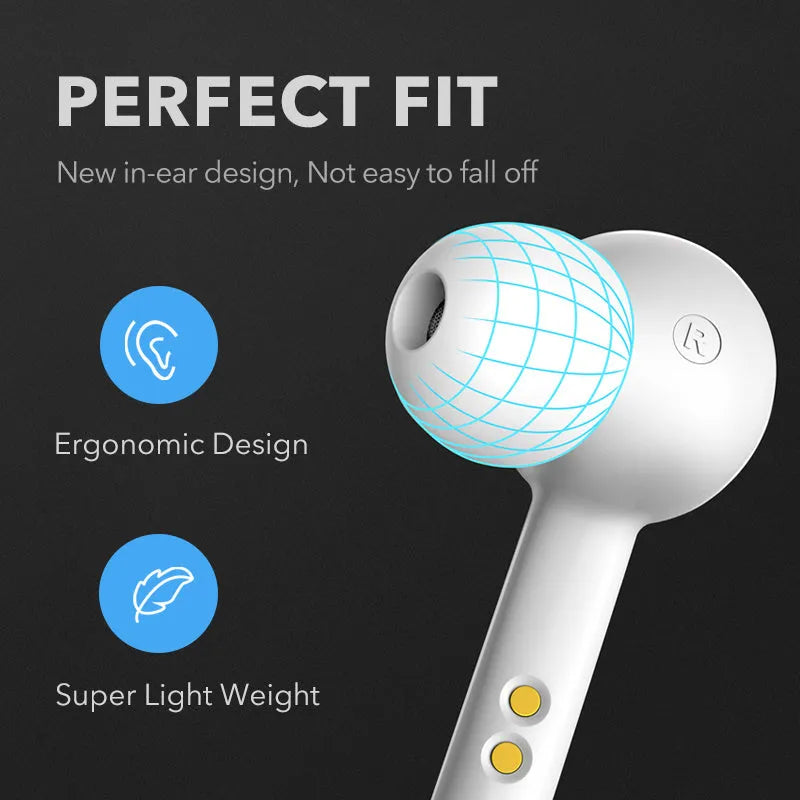 Black and white true wireless earbuds with Bluetooth 5.0 and IPX5 splash resistance.