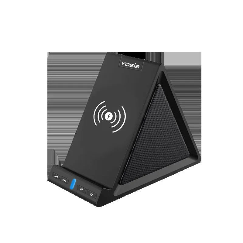 Black multifunctional Bluetooth speaker with integrated phone stand and wireless charging pad, showing size scale.