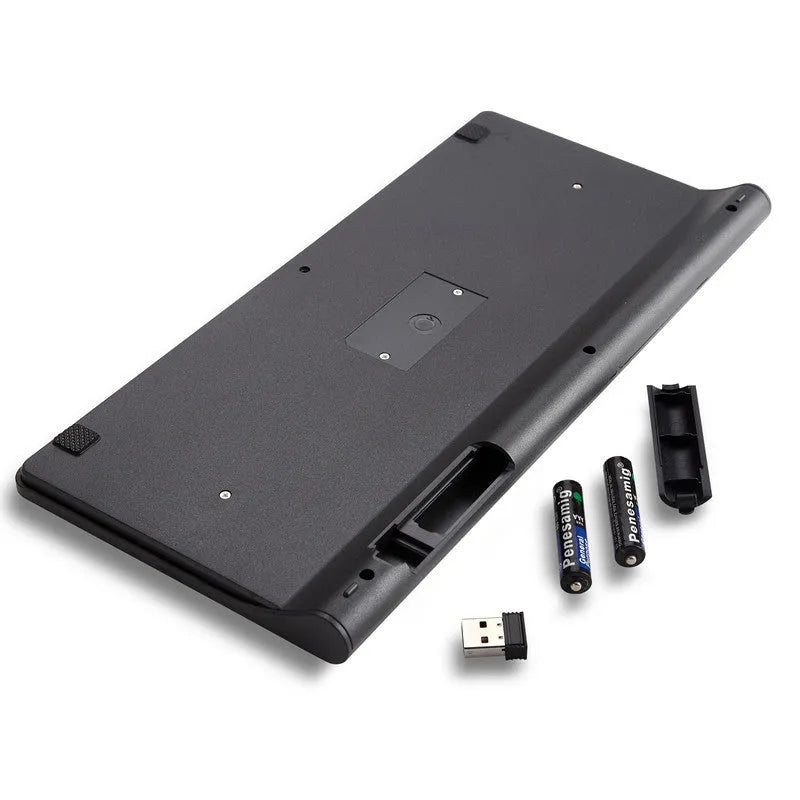 Black wireless keyboard and mouse set with 2.4GHz receiver showing 78 keys and 4 mouse buttons