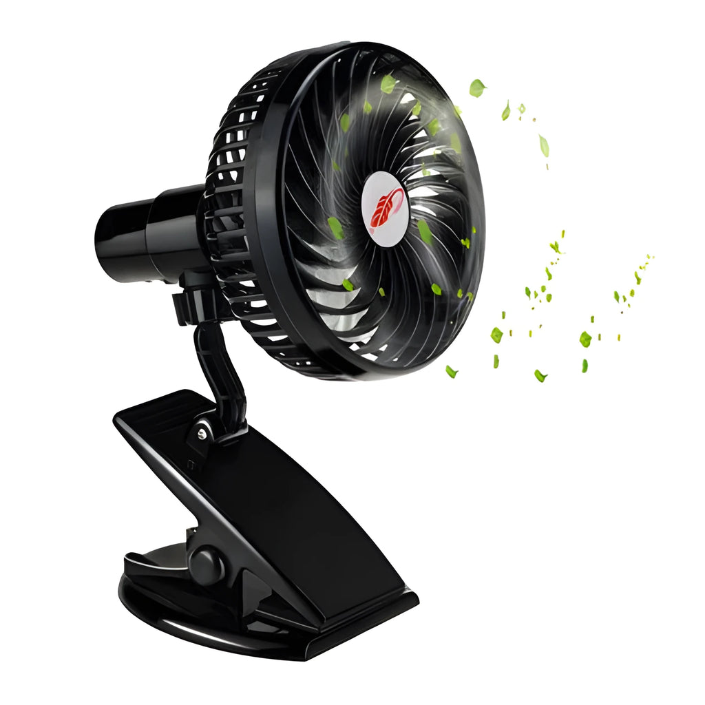 Mini clip fan with 360-degree adjustable head, 3 speeds, and rechargeable battery, shown in black.