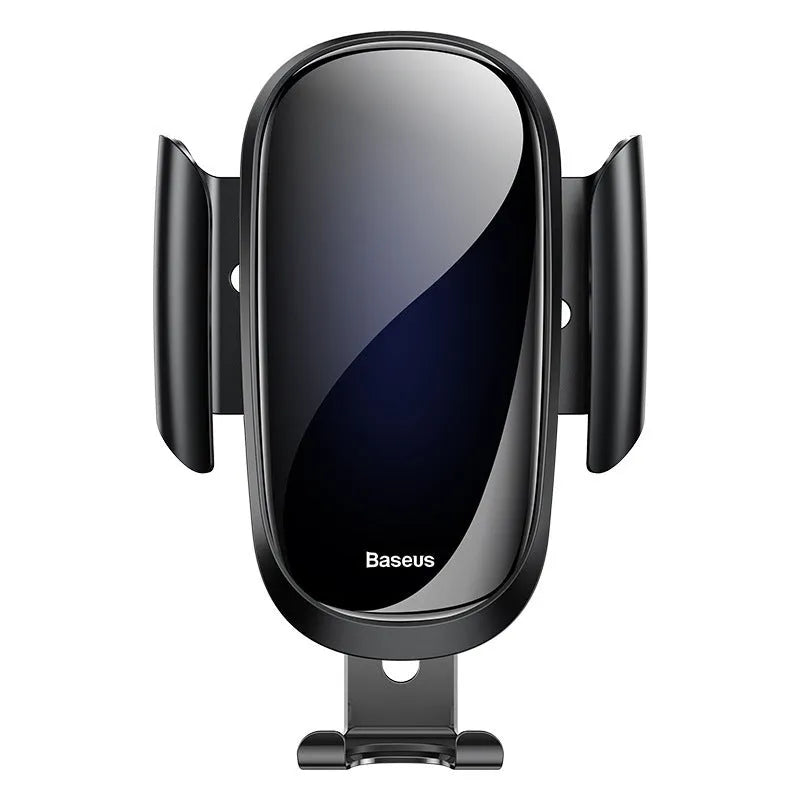 Universal car smartphone mount with adjustable clamp on a car air vent, showing 360-degree rotation.