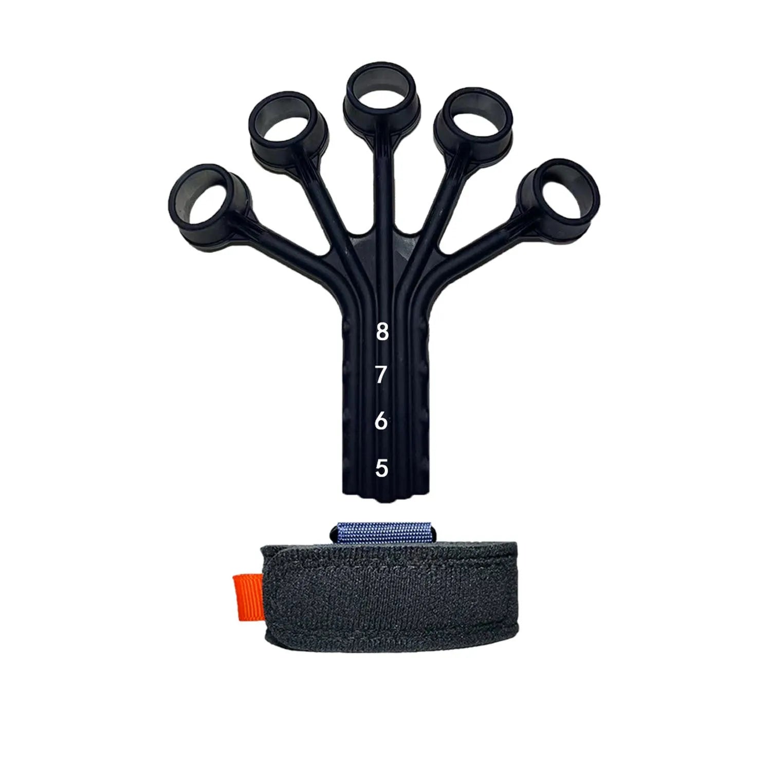 Black and grey silicone finger trainer tension rope with adjustable belt for rehabilitation.