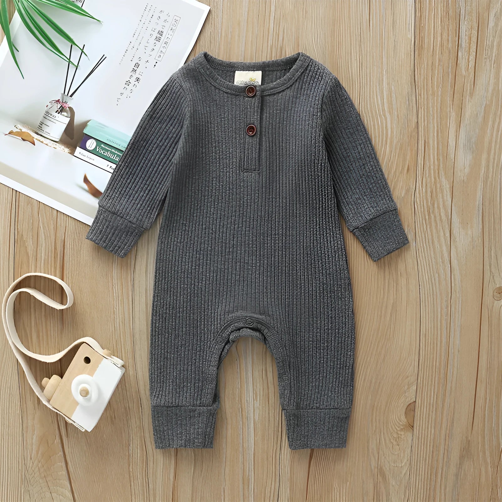 Baby cotton jumpsuit with snap closure long sleeves 60cm height neutral colour
