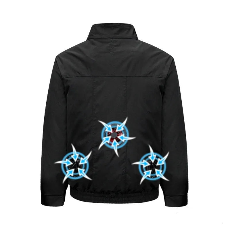 Men's black smart air conditioning jacket with ventilation holes for a portable fan, laid flat.