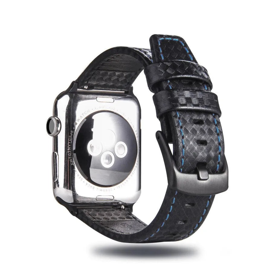 Carbon fibre pattern PC hard shell watch case with leather band in multiple colour options for iPhone compatible watches
