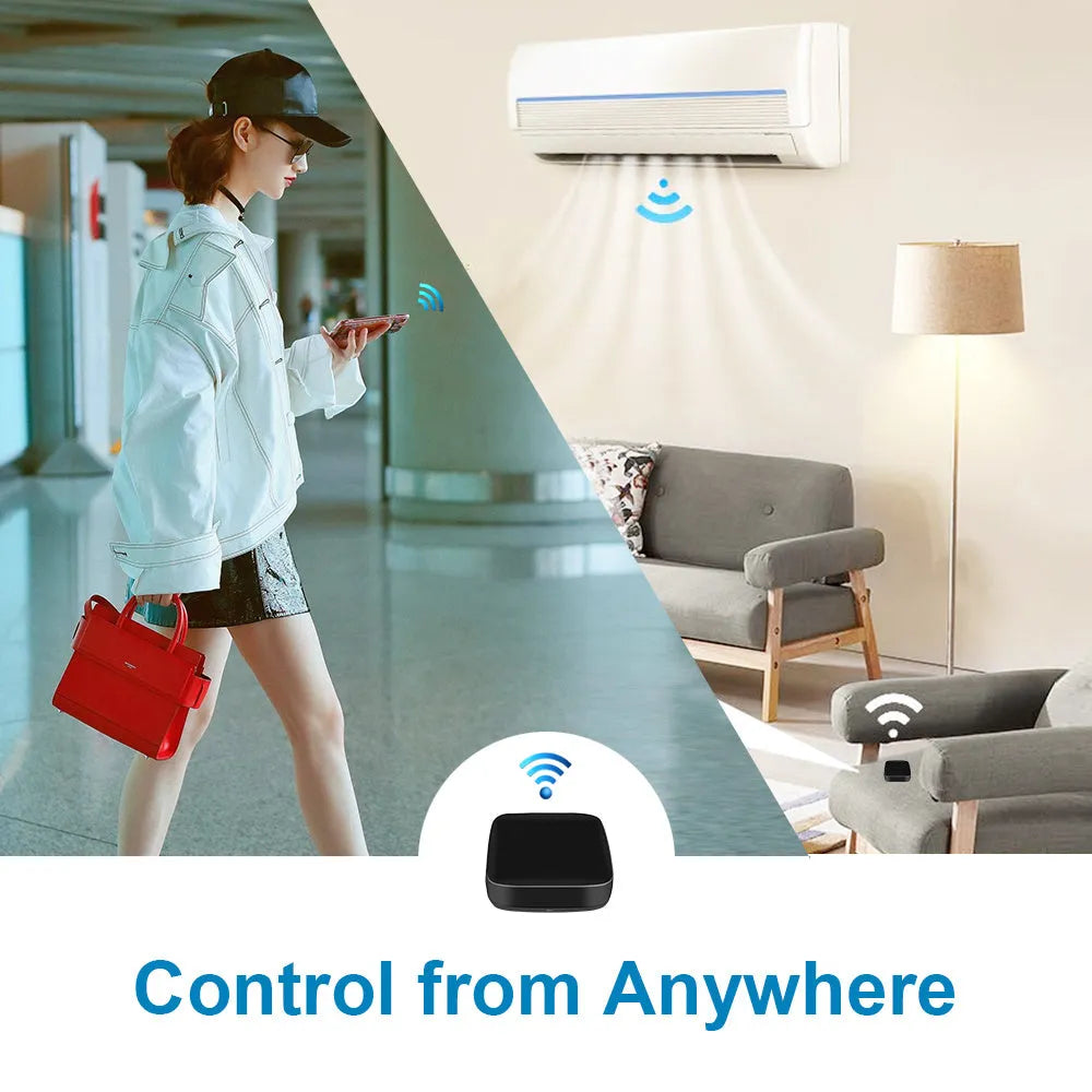 Black universal infrared remote control with voice command and WiFi functionality