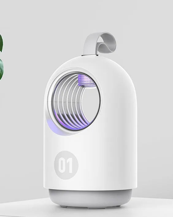 White or blue indoor mosquito killer lamp with UV light, suction fan, silicone handle, and USB cable.