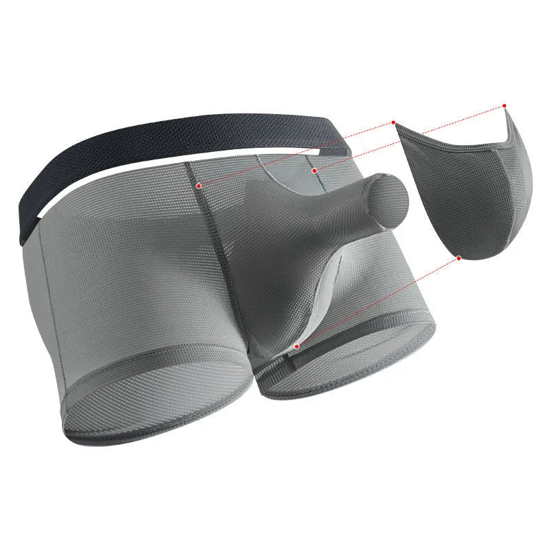 Men's ice silk boxer shorts with mesh fabric in black, white, and grey colour options