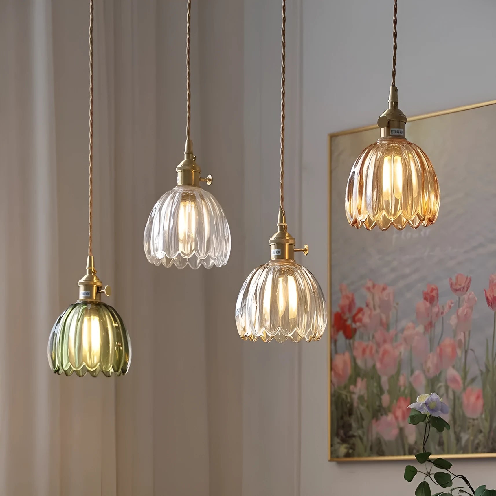Nordic vintage style glass flower chandelier for bedside in amber, white, green, grey, or transparent.