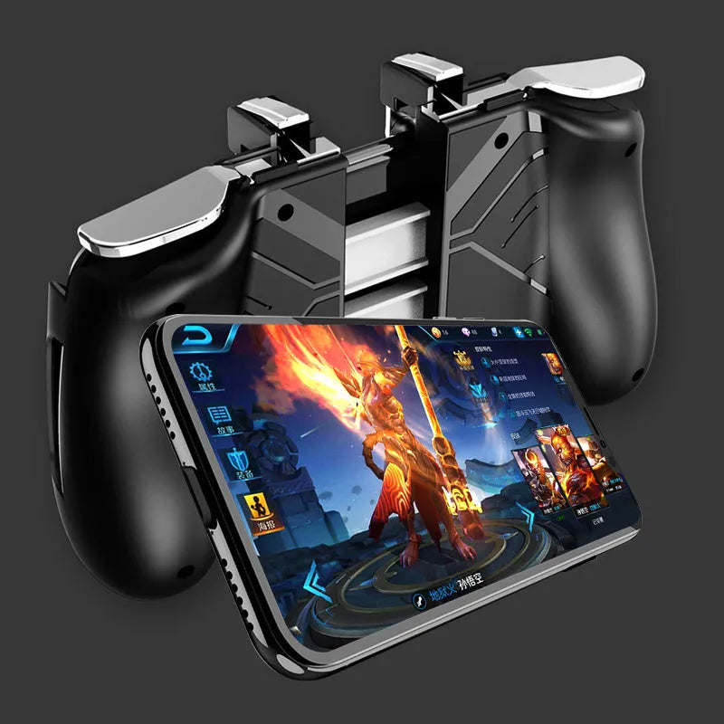 Multifunctional mobile game handle for smartphones in black, blue, and white colour options.
