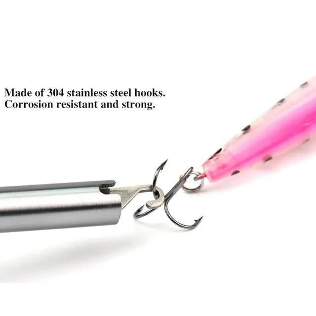 Portable T-shaped fishing hook extractor with aluminium alloy rod, stainless steel hook, black handle, 17cm or 24cm