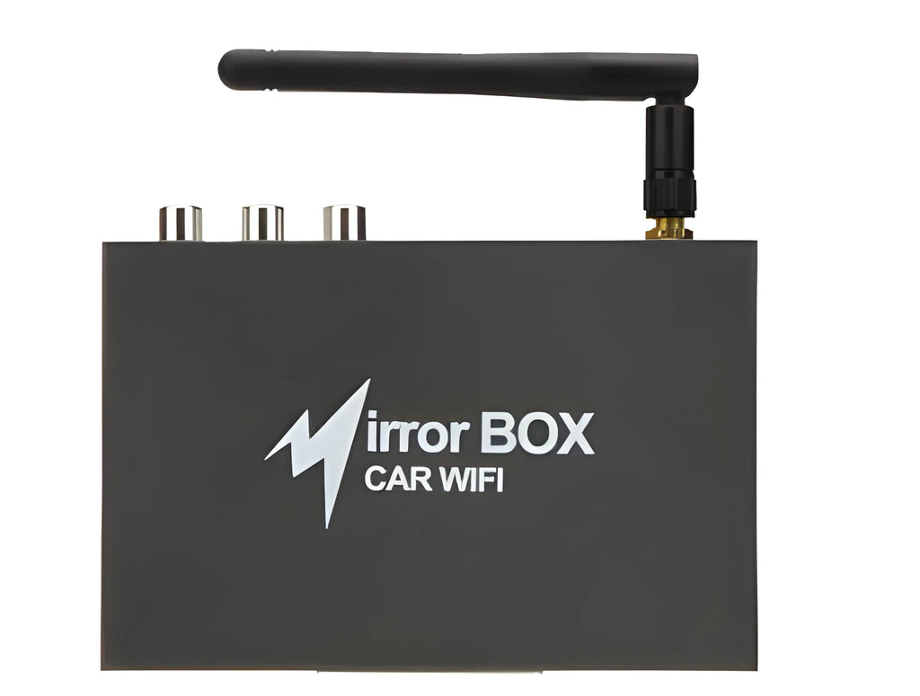 Black Car Mirror Link Box Wi-Fi AV converter kit with host unit, power cable, antenna, and AV cable