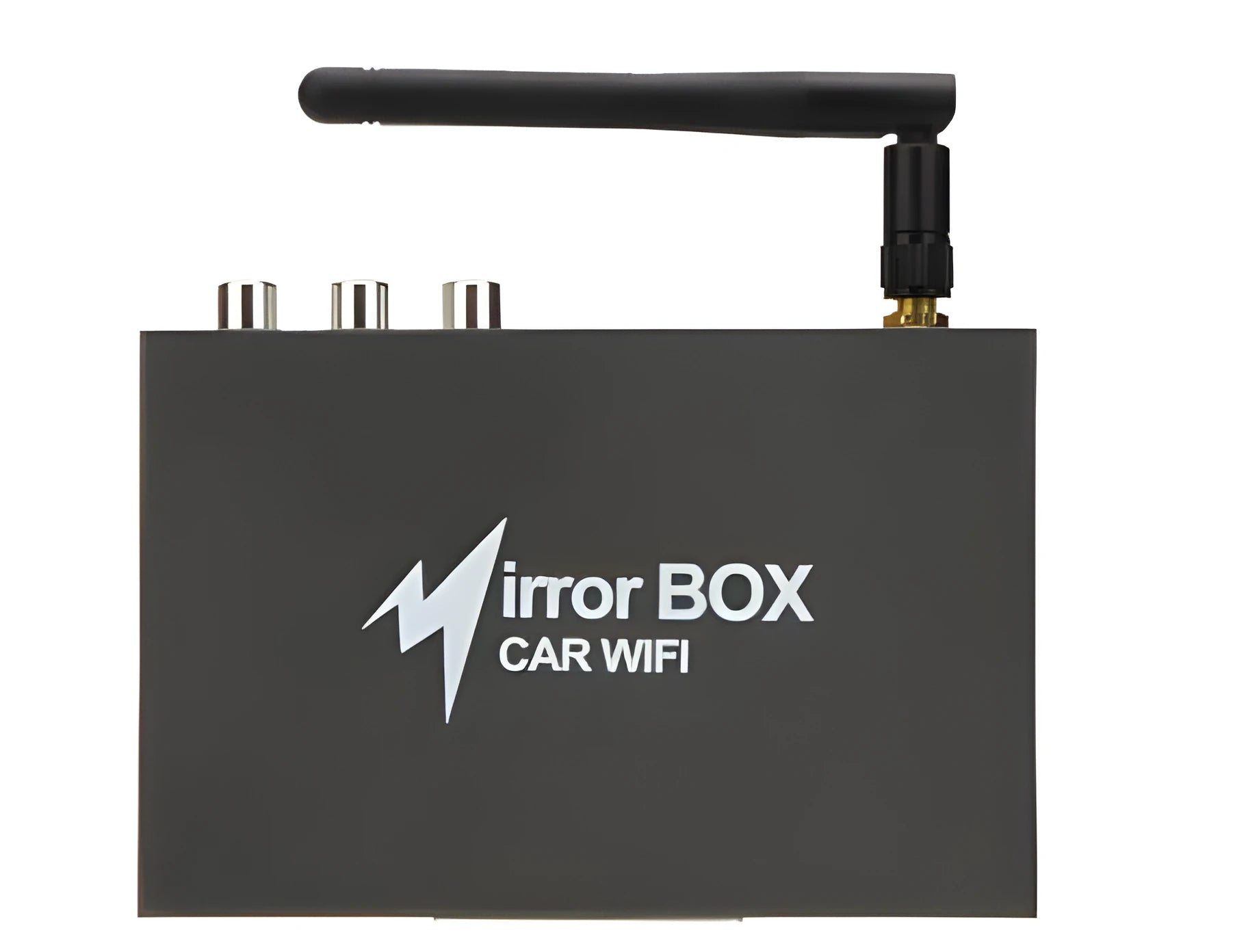 Black Car Mirror Link Box Wi-Fi AV converter kit with host unit, power cable, antenna, and AV cable