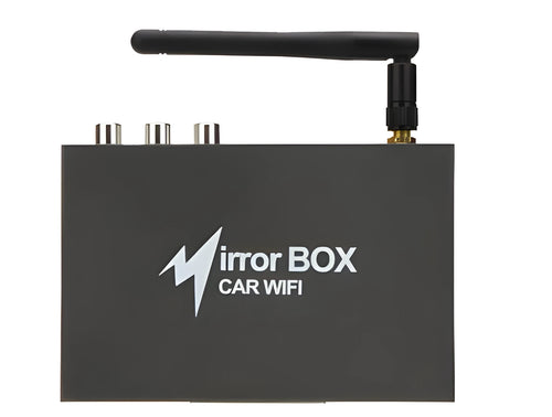 Black car Wi-Fi mirror link box converter unit with power cable, AV cable, antenna, and user manual