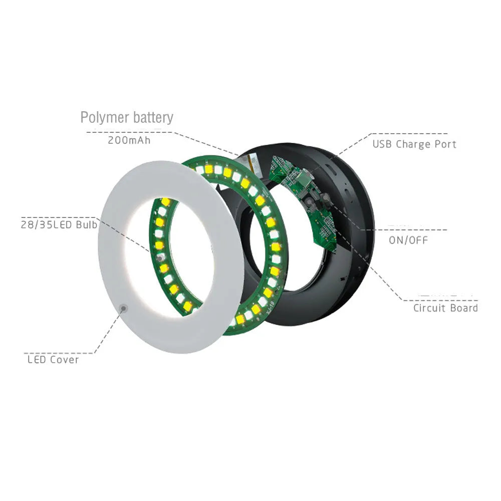 Black LED selfie ring light for mobile phones with adjustable brightness and USB charging port.