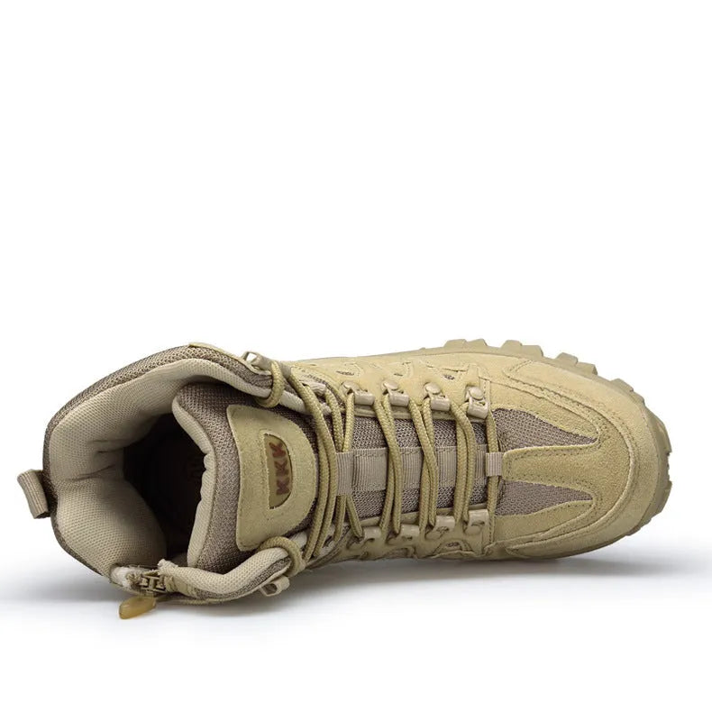 Men's black tactical boots with rubber sole for hiking and outdoor activities.