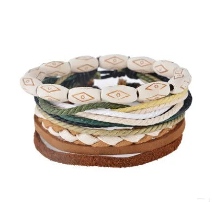 Handwoven adjustable leather bracelet with multilayer wooden beads and rope for a vintage punk style.