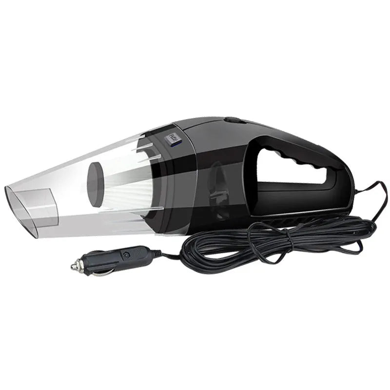 Orange 12V portable handheld car vacuum cleaner with nozzle attachments on a car seat.