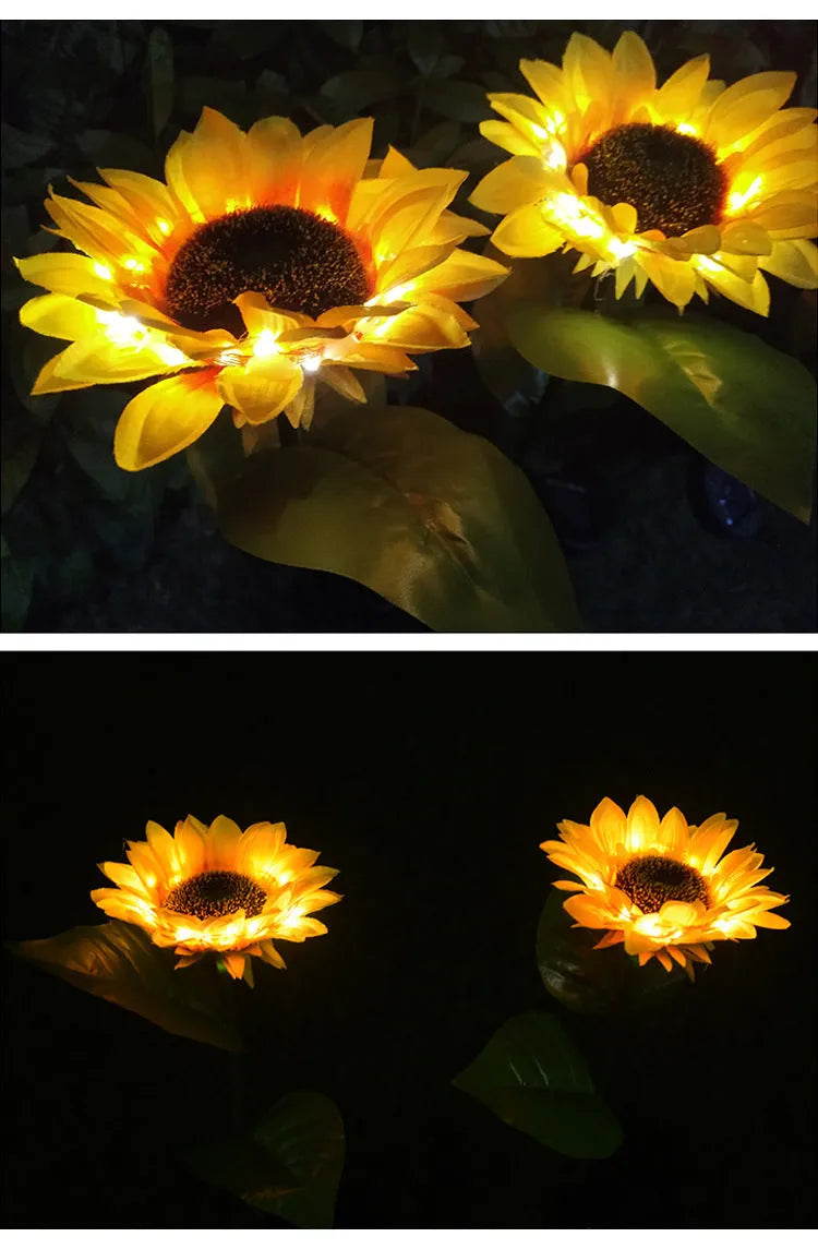 LED solar sunflower lamp with yellow fabric flower head, 66cm stainless steel stem, and ABS ground plug, placed on grass