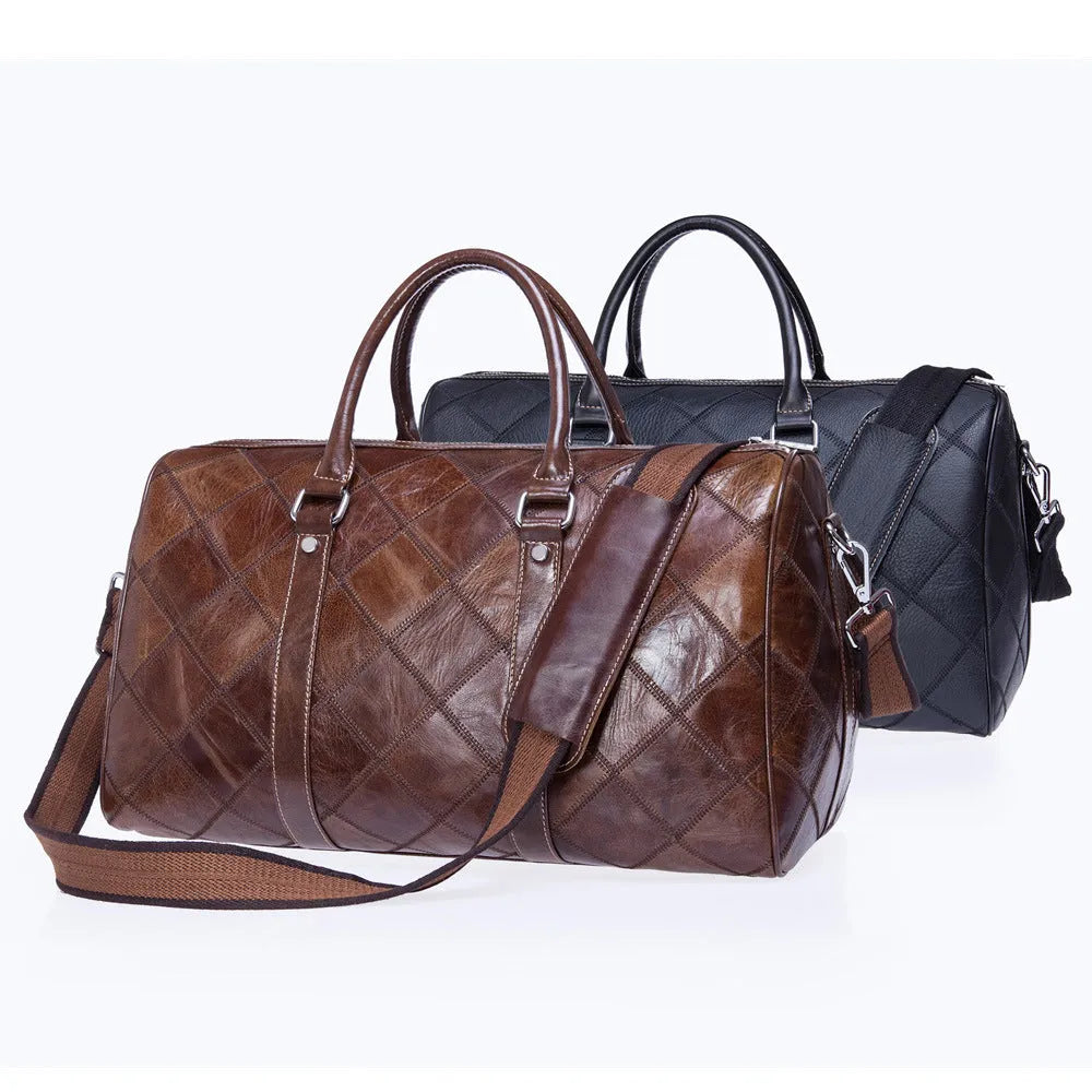 Vintage brown cowhide leather duffel bag with a single strap and internal organiser pockets.