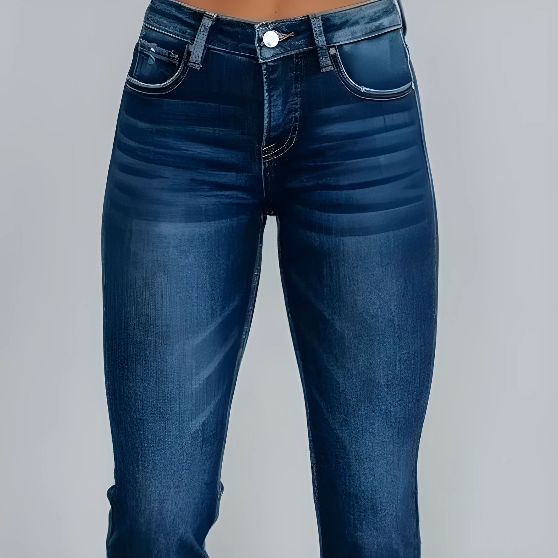 A pair of women's solid colour denim trousers with a manual wear finish, shown in dark blue.